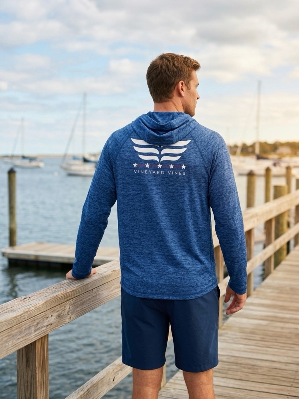 Vineyard Vines Harbor Performance Hoodie Tee Blue Patriotic Whale Tail Size M